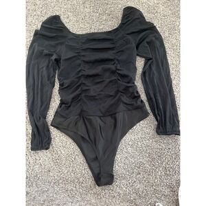 Sincerely Jules Black Mesh Bodysuit Ruched Long‎ Sleeve Square Neck Top M